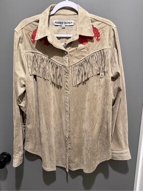 Rodeo Quincy Women's Tan Fringe Button Down with Red Embroidery